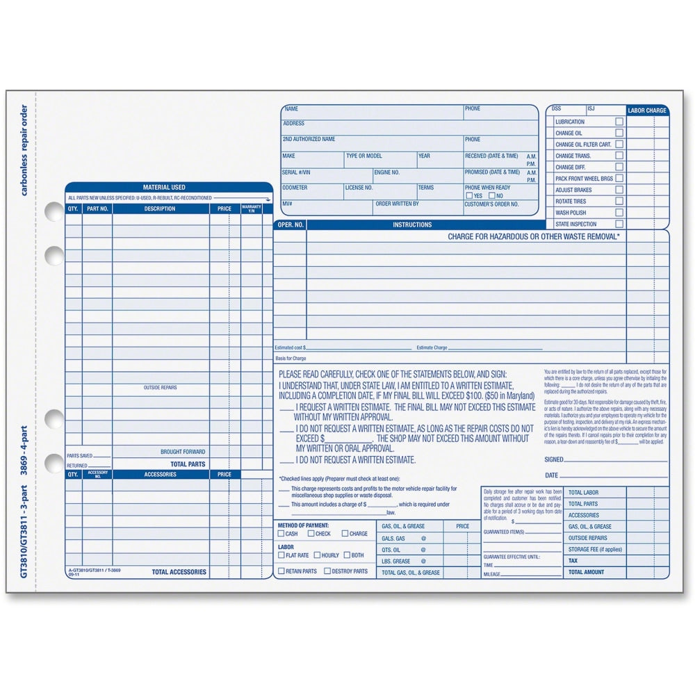 TOPS Garage Repair Order Unit Set - 50 Sheet(s) - 15 lb - 4 PartCarbonless Copy - 8.50in x 11in Form Size - 2 x Holes - White, Canary, Pink, Manila - Blue Print Color - 50 / Pack