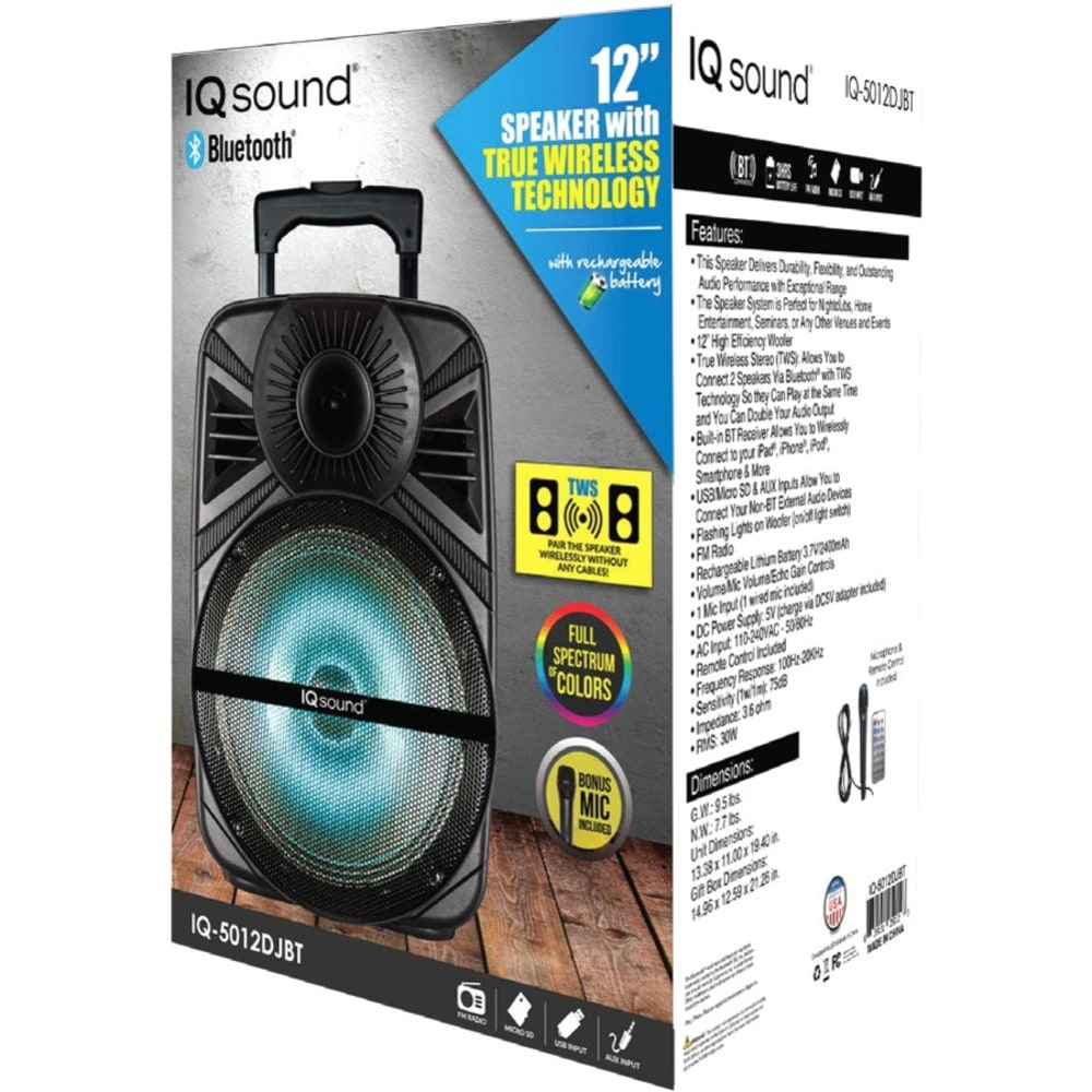 IQ Sound IQ-5012DJBT Portable Bluetooth Speaker System - 30 W RMS - Black - 100 Hz to 20 kHz - Battery Rechargeable - USB