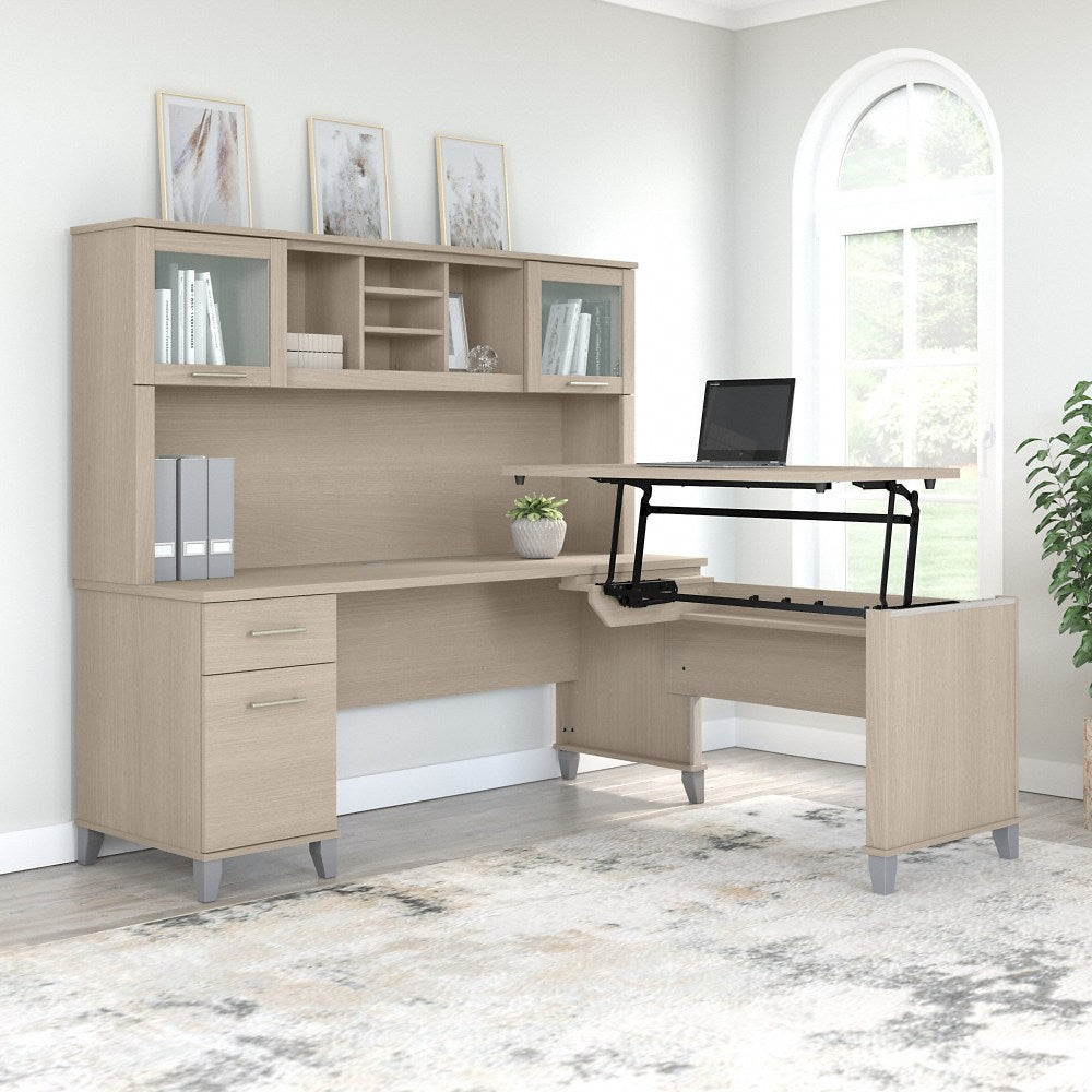 Bush Furniture Somerset 72inW 3-Position Sit-to-Stand L-Shaped Desk With Hutch, Sand Oak, Standard Delivery