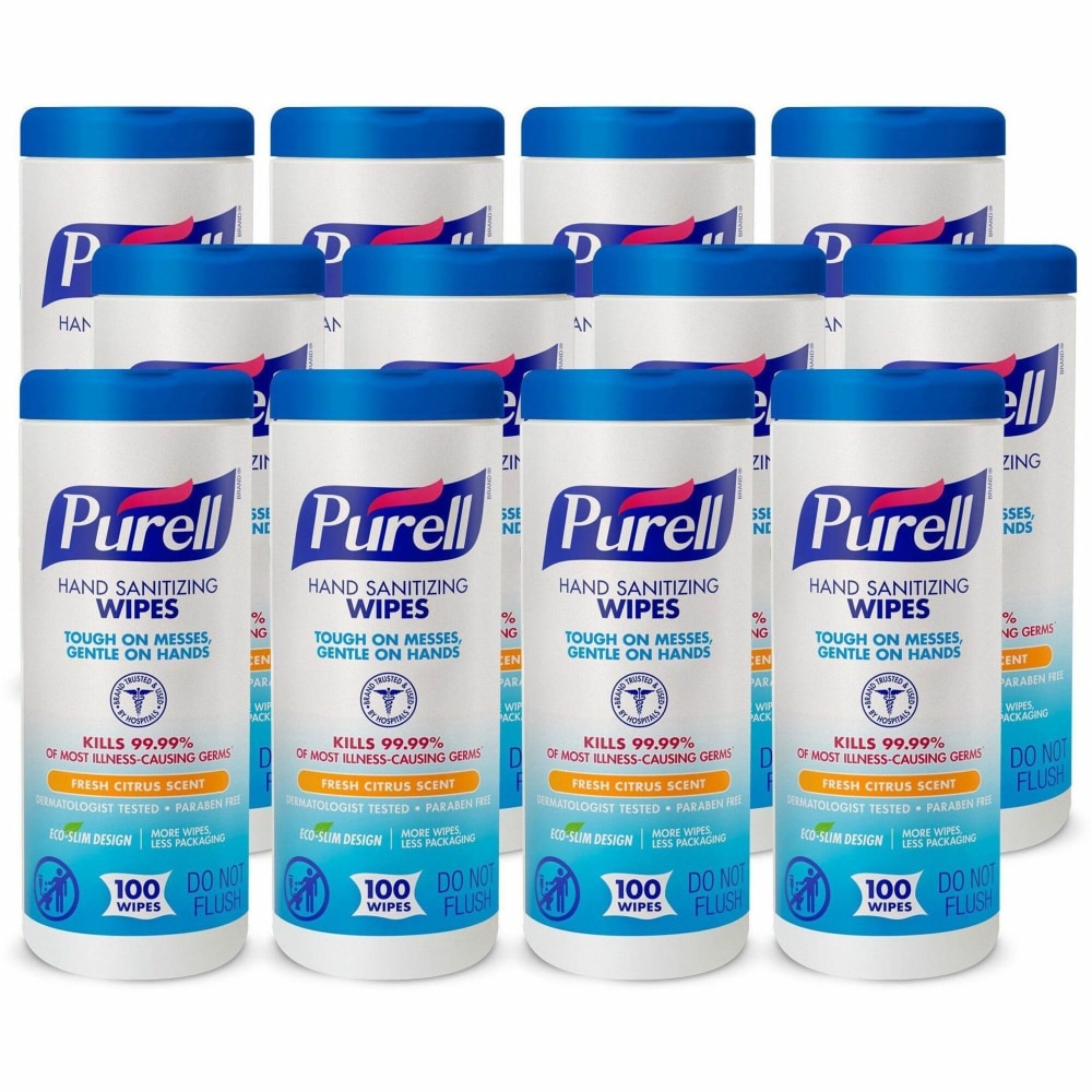 Purell Textured Sanitizing Wipes, Fresh Citrus, 100 Wipes Per Tub, Carton Of 12 Tubs