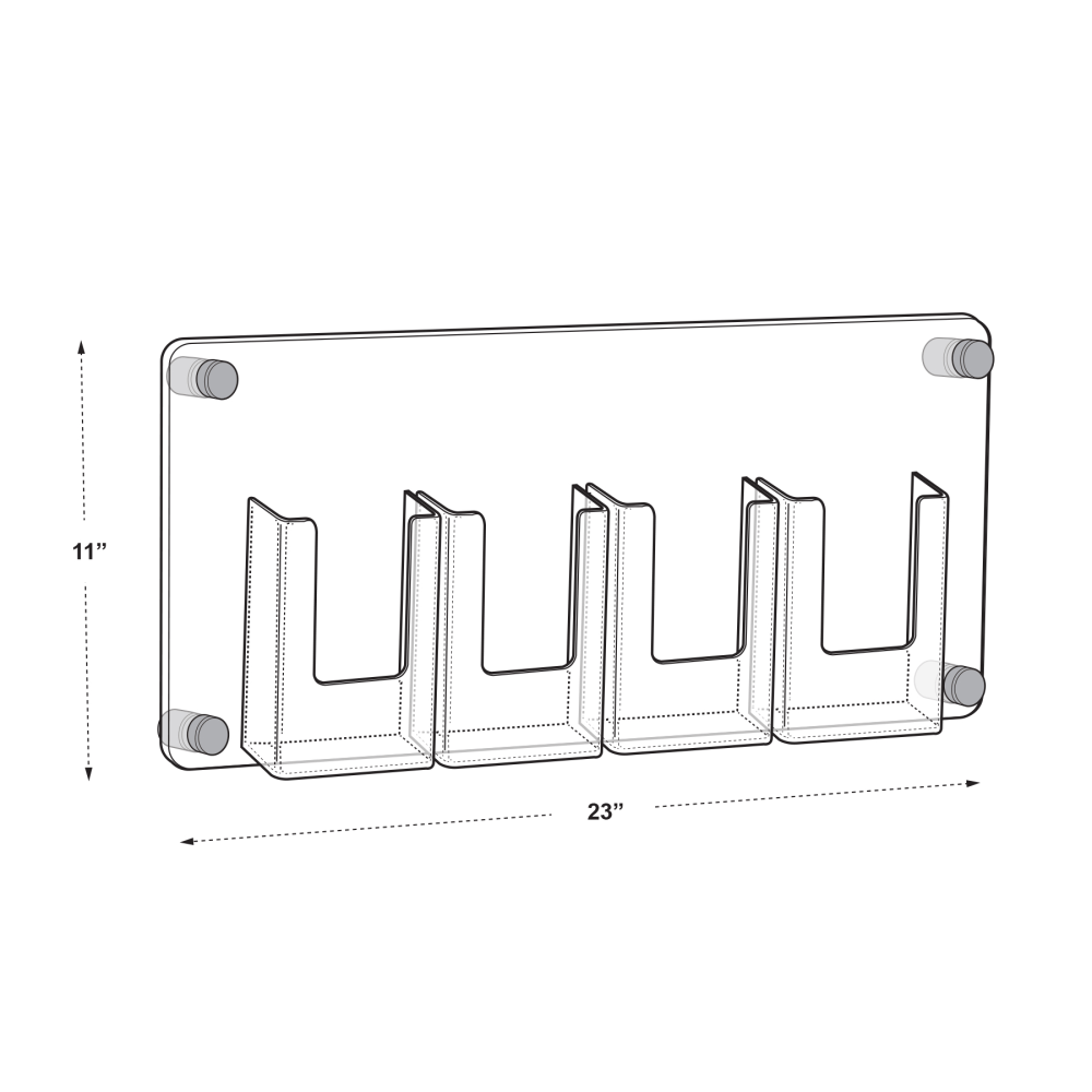 Azar Displays 4-Pocket Bifold/Trifold Wall-Mounted Brochure Holder With Stand-Off Caps, 11inH x 23inW x 1-1/2inD, Clear/Gold