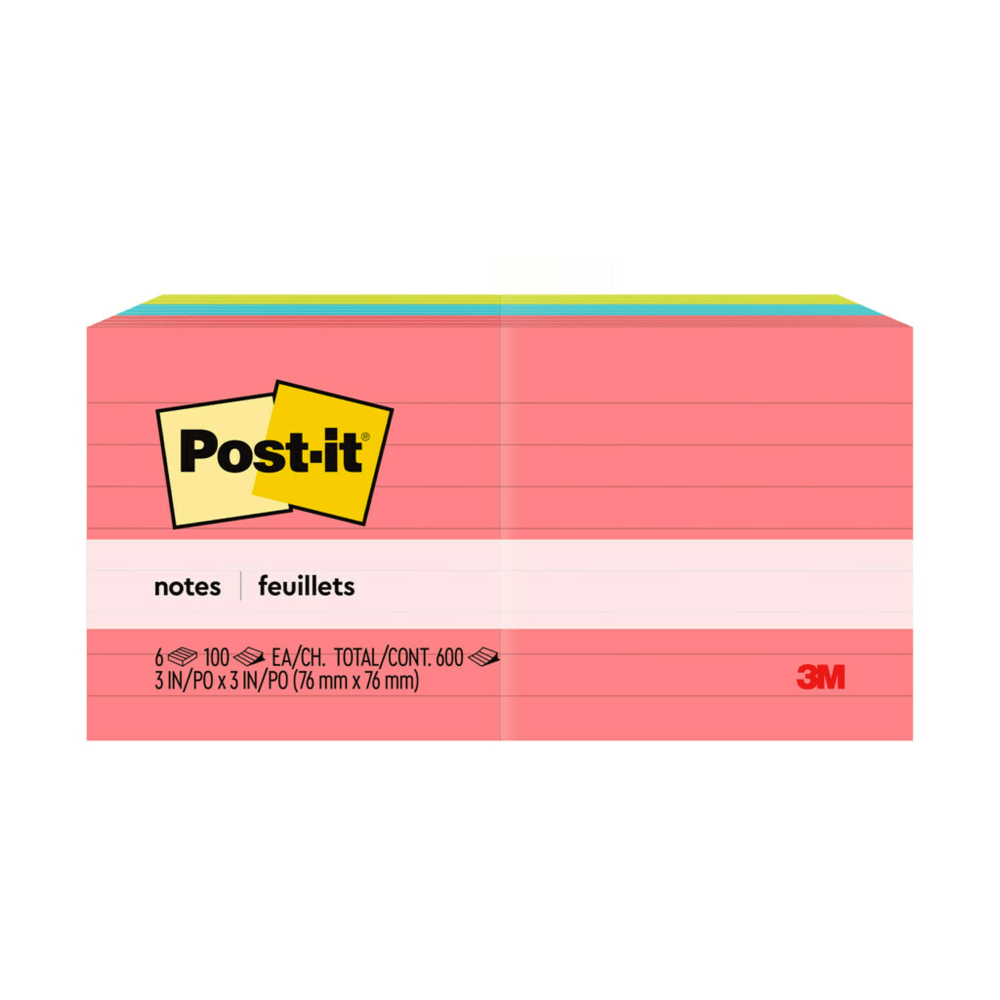 Post-it Notes, 3 in x 3 in, 6 Pads, 100 Sheets/Pad, Clean Removal, Poptimistic Collection, Lined