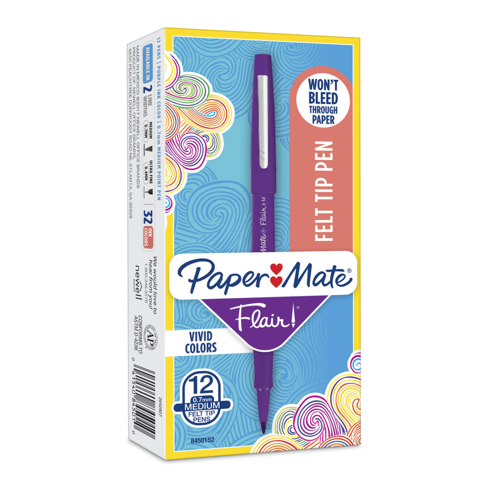 Paper Mate Flair Porous-Point Pens, Medium Point, 0.7 mm, Purple Barrel, Purple Ink, Pack Of 12