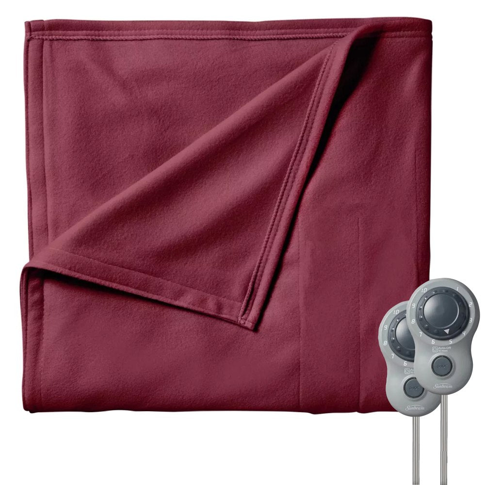 Sunbeam Queen-Size Electric Fleece Heated Blanket With Dual Zone, 90in x 84in, Garnet, 995117983M