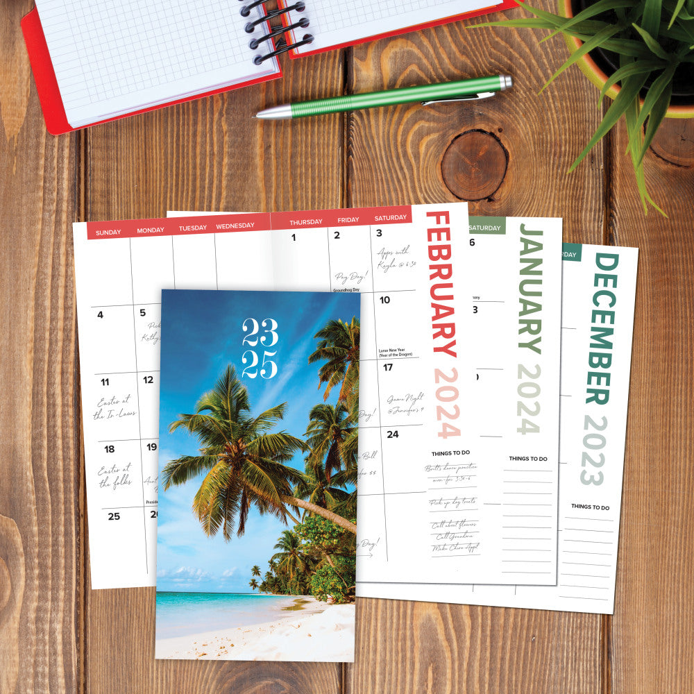 2023-2025 Willow Creek Press Checkbook 2-Year Monthly Academic Pocket Planner, 6-1/2in x 3-1/2in, Tropical Beach, July 2023 To June 2025