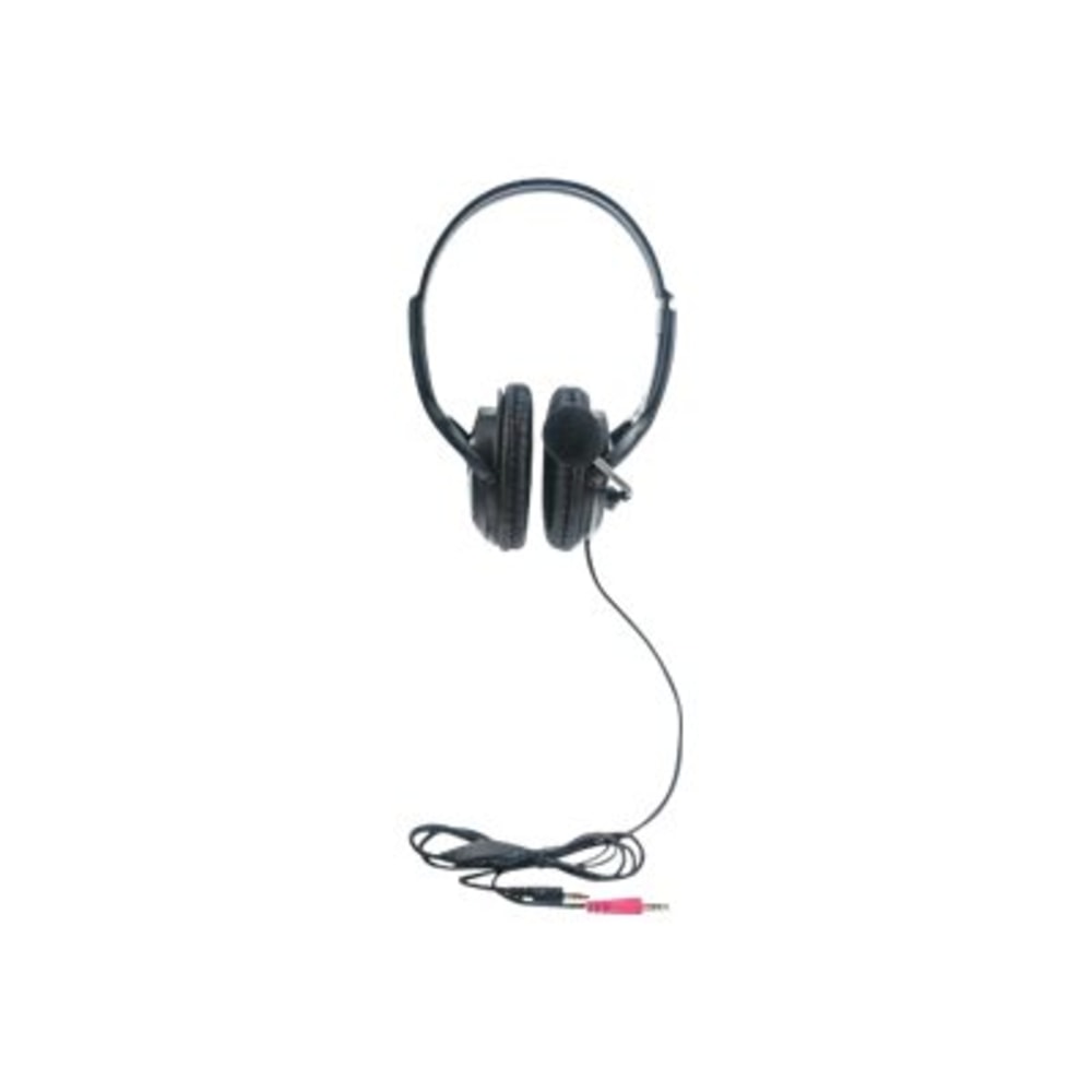 Manhattan Stereo Headset (Clearance Pricing), Lightweight, adjustable microphone, in-line volume control, padded cloth ear cushions, two 3.5mm jack input plugs, cable 2m, Black, 3 year warranty, Box - Headset - full size - wired - 3.5 mm jack - black