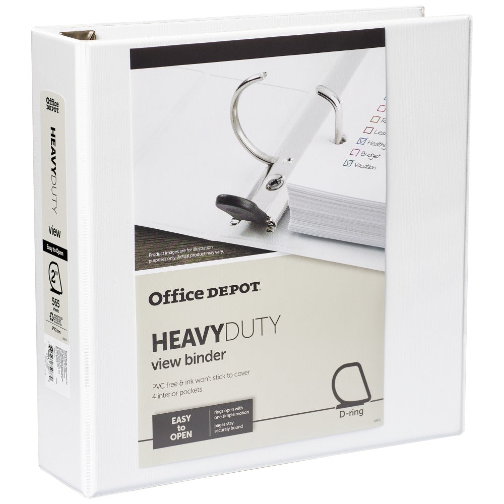 Office Depot Brand Heavy-Duty View 3-Ring Binder, 2in D-Rings, 49% Recycled, White