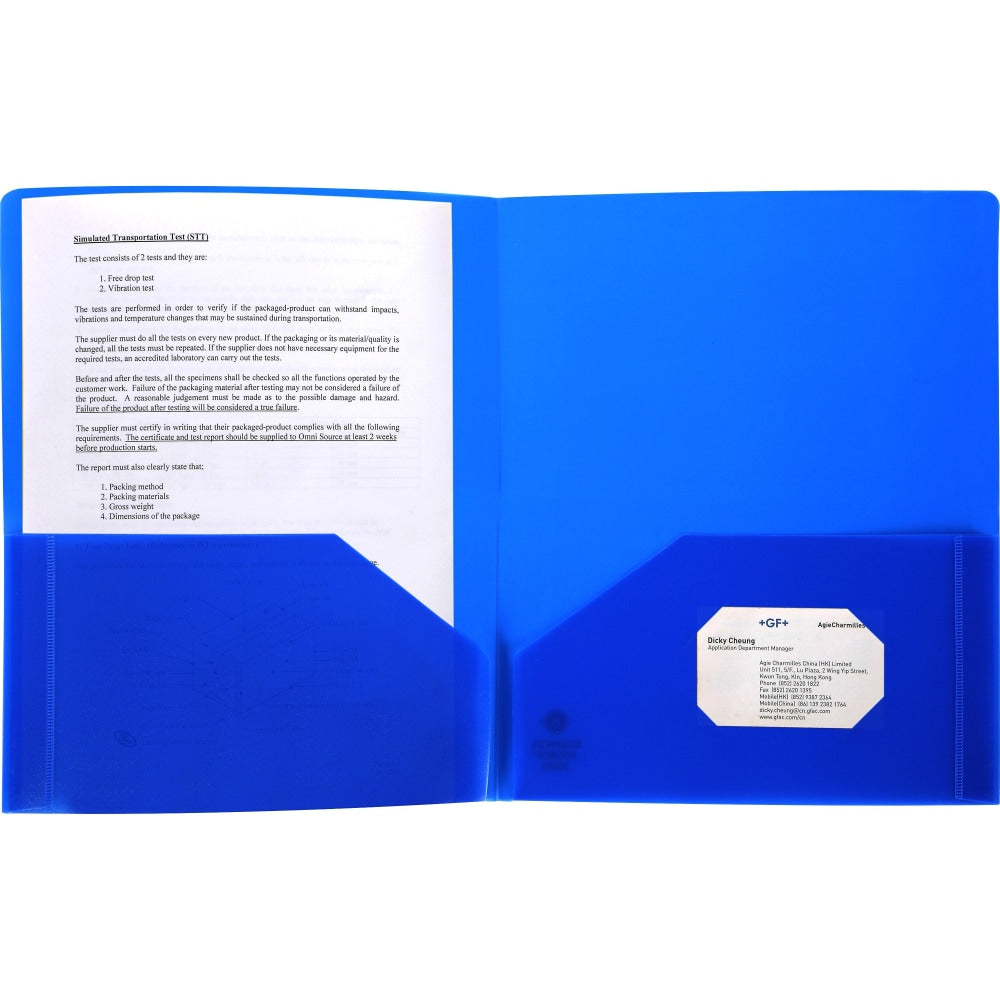 Business Source 2-Pocket Poly Portfolio, Letter Size, 8-1/2in x 11in, Blue