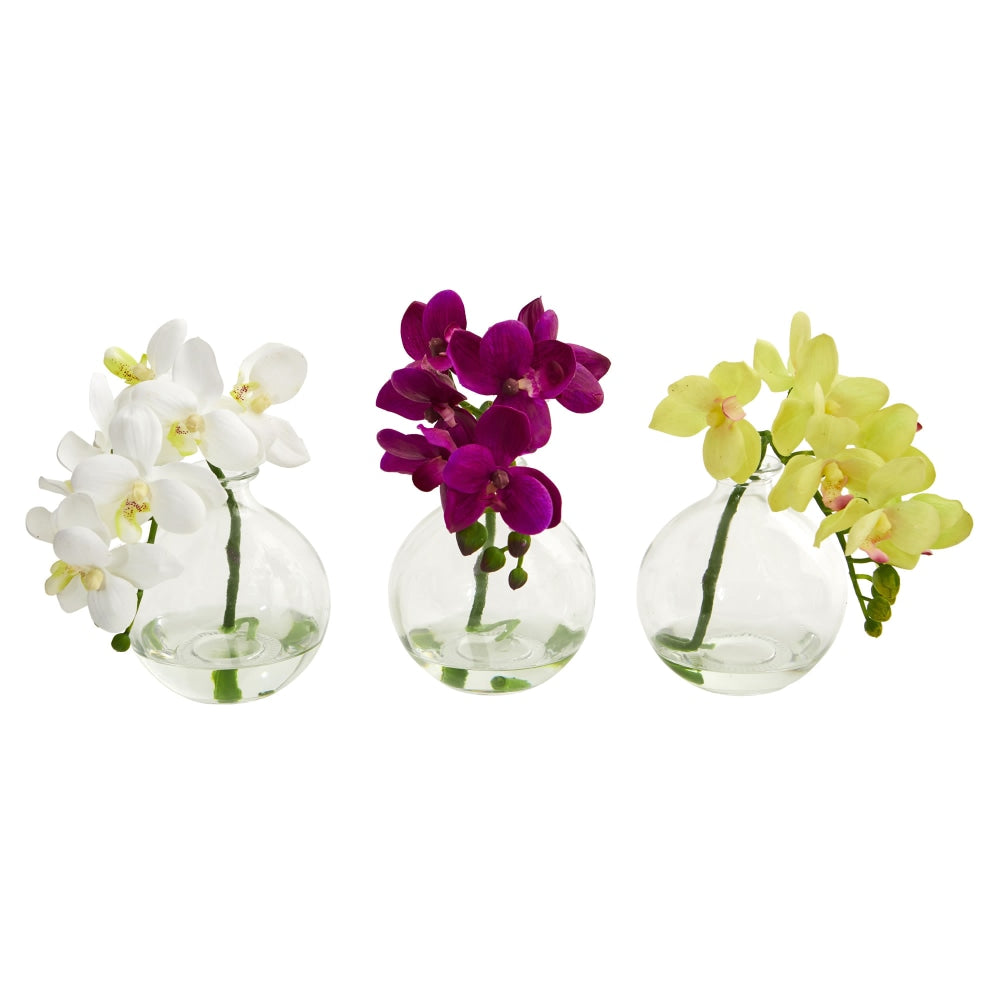 Nearly Natural 9inH 3-Piece Artificial Phalaenopsis Orchid Set With Vase, Multicolor