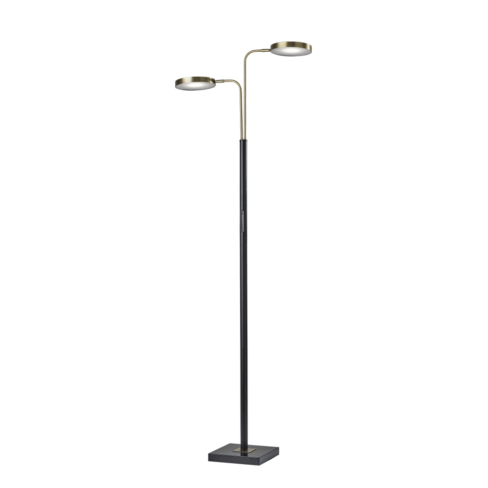 Adesso Rowan 2-Light LED Floor Lamp, 71inH, Antique Brass Shade/Black Base