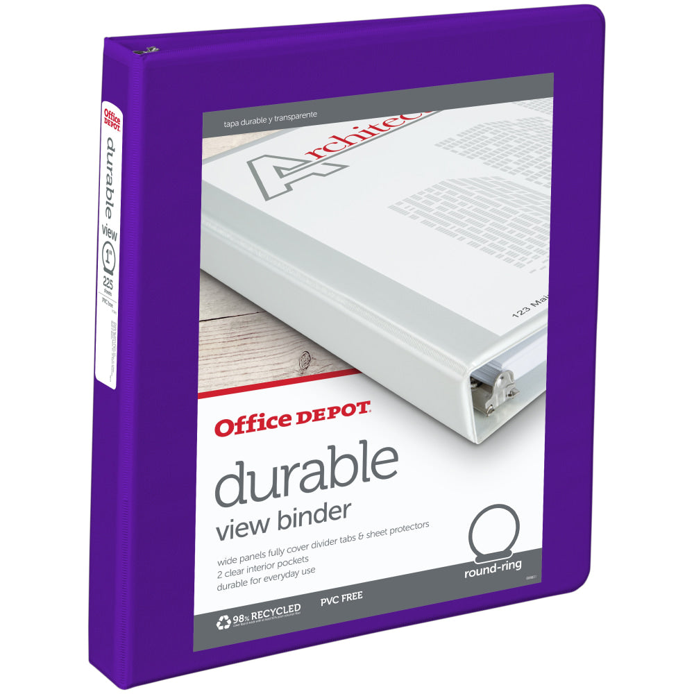 Office Depot Brand Durable View 3-Ring Binder, 1in Round Rings, Purple