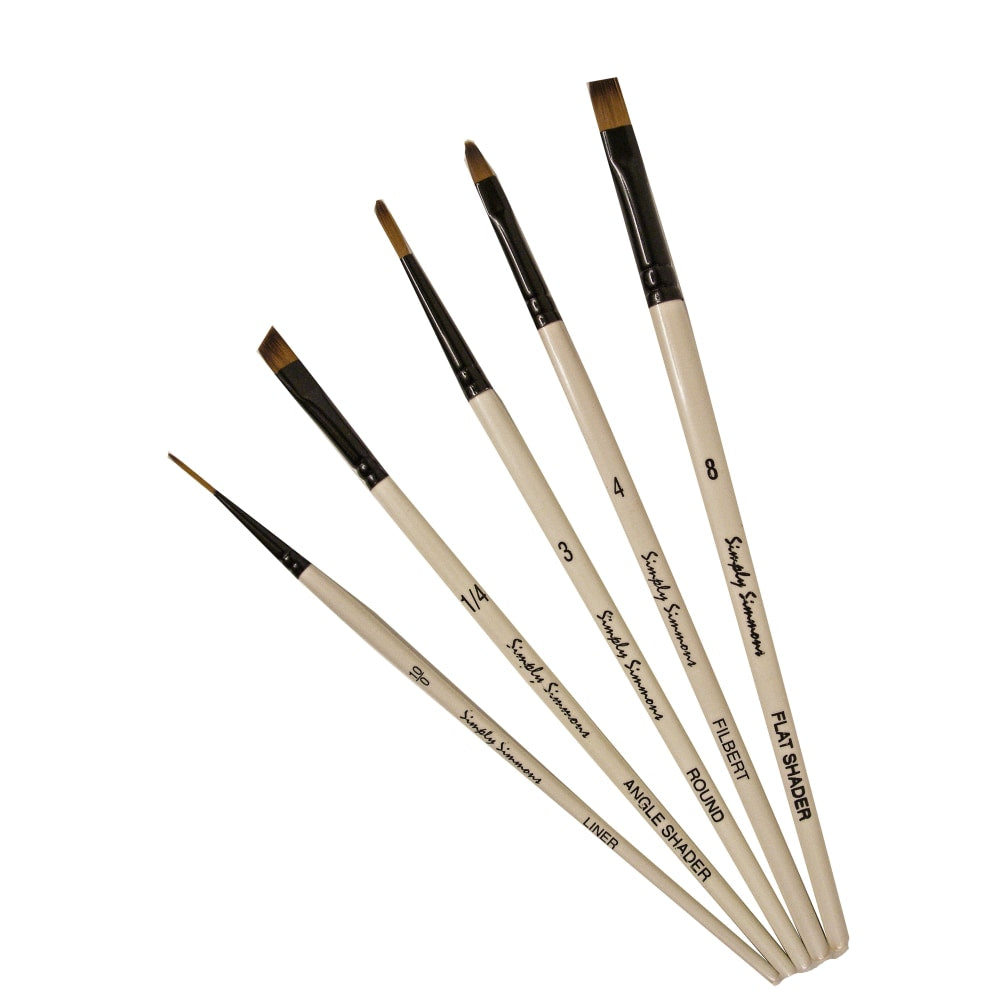 Robert Simmons Simply Simmons Value Paint Brush Set, Go To Set, Assorted Sizes, Assorted Bristles, Synthetic, White, Set Of 5