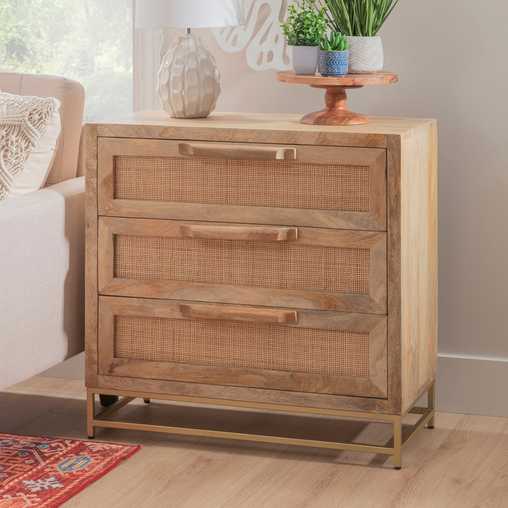 Powell Braden 29-1/2inH Rattan Cabinet With 3 Drawers, Natural/Gold