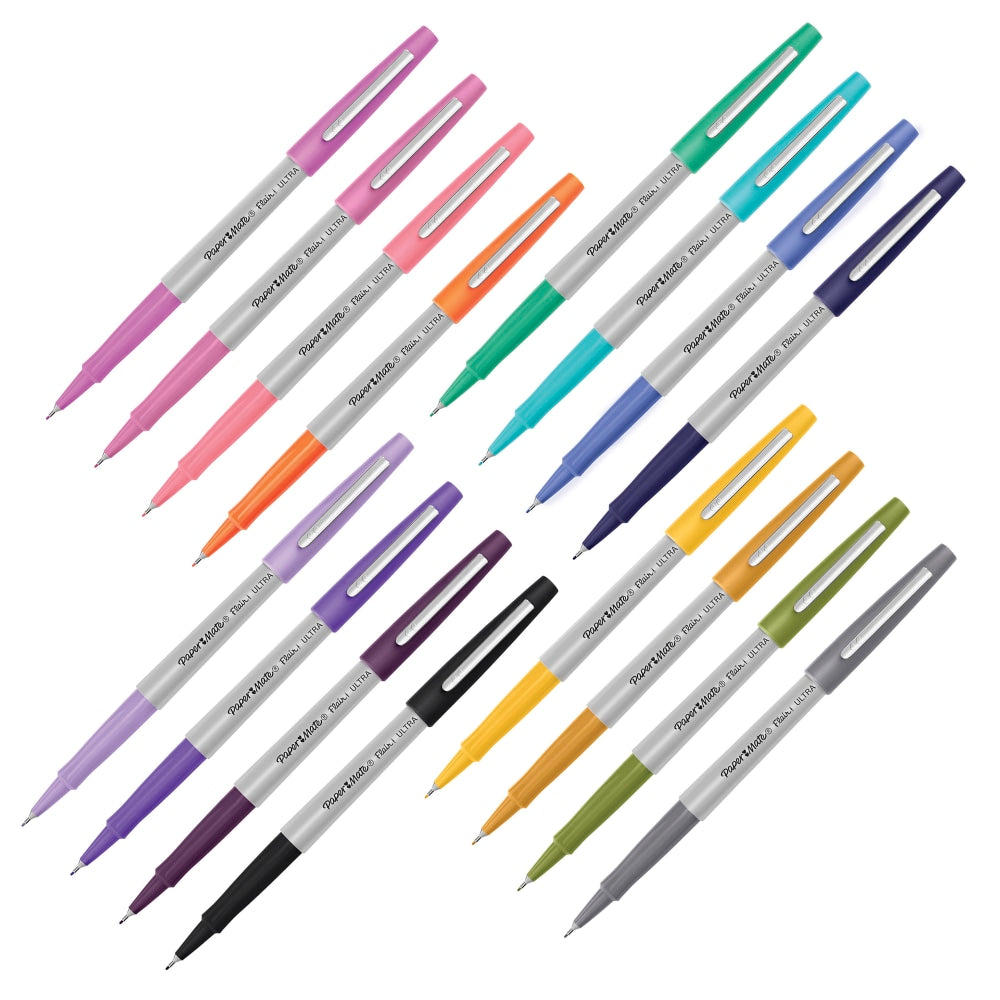 Paper Mate Flair Felt-Tip Pens, Ultra Fine Point, 0.4 mm, Gray Barrel, Assorted Ink, Pack Of 16