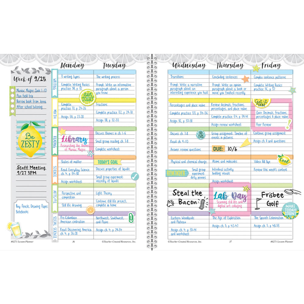 Teacher Created Resources 40-Week Lesson Planner, 8-1/2in x 11in, Lemon Zest