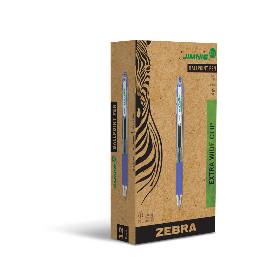 Zebra Pen Eco Jimnie Clip Retractable Ballpoint Pens, Pack Of 12, Medium Point, 1.0 mm, Blue Barrel, Blue Ink