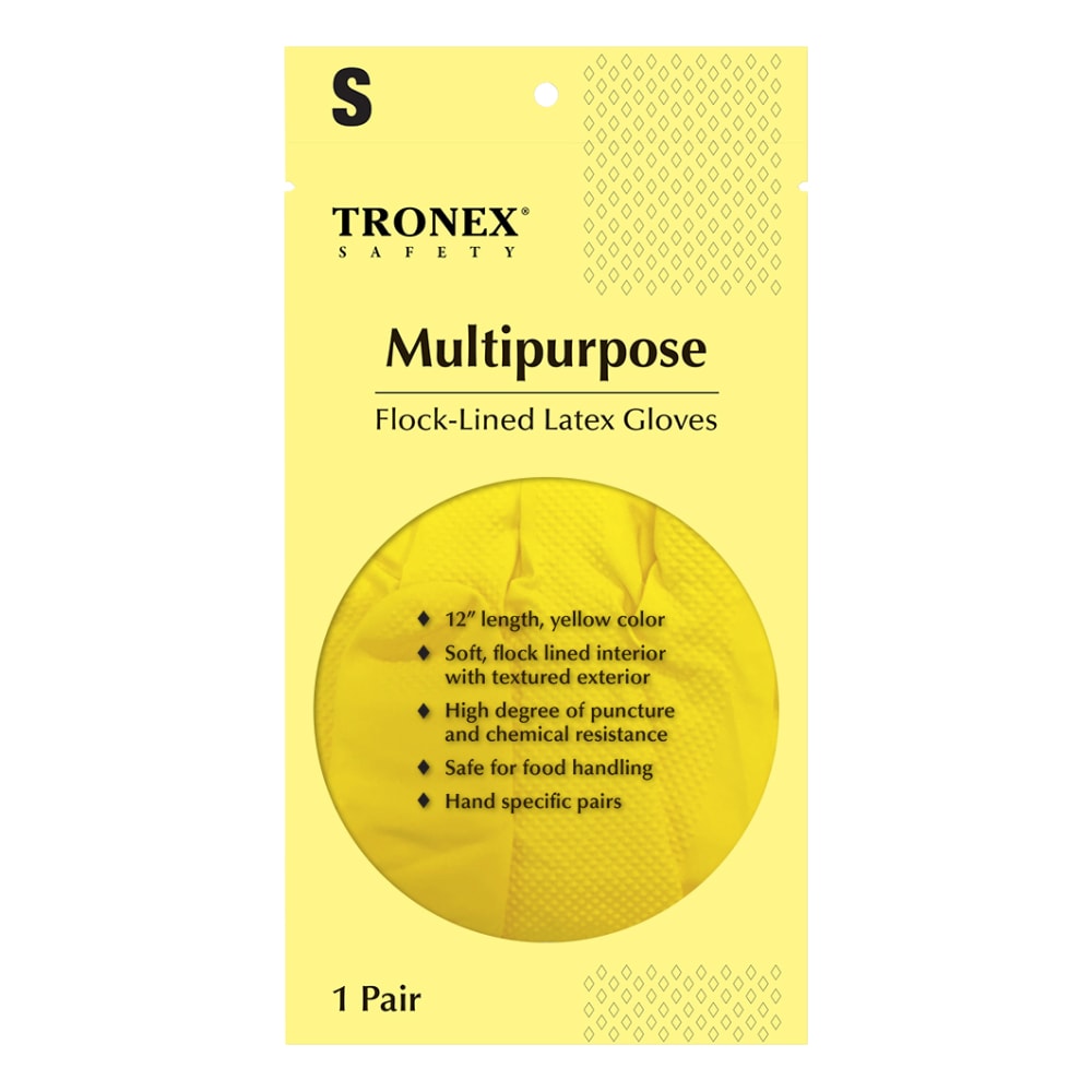 Tronex Multipurpose Flock-Lined Latex Gloves, Small, Yellow, 24 Per Pack, Case Of 12 Packs