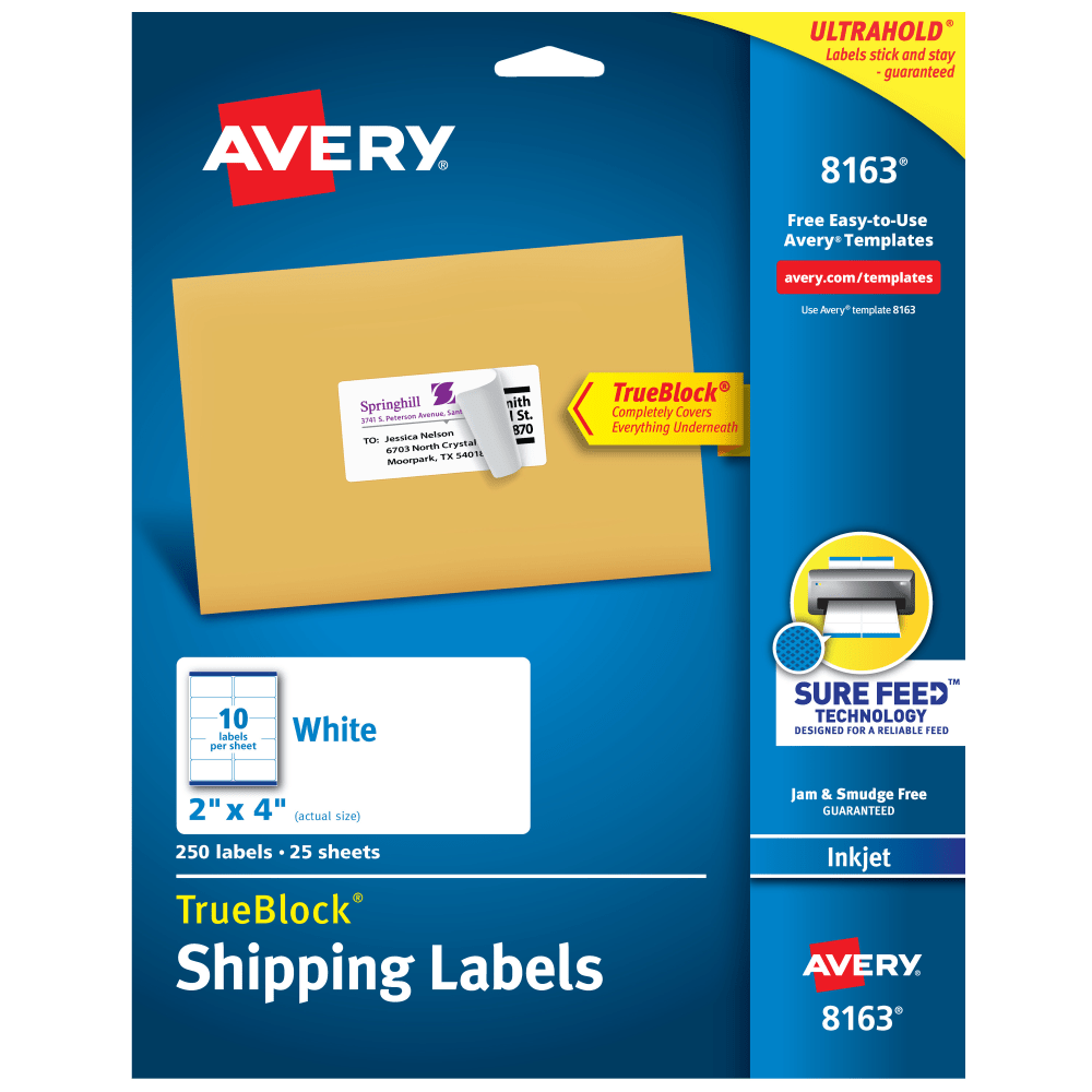 Avery TrueBlock Shipping Labels With Sure Feed Technology, 8163, Rectangle, 2in x 4in, Pack Of 250