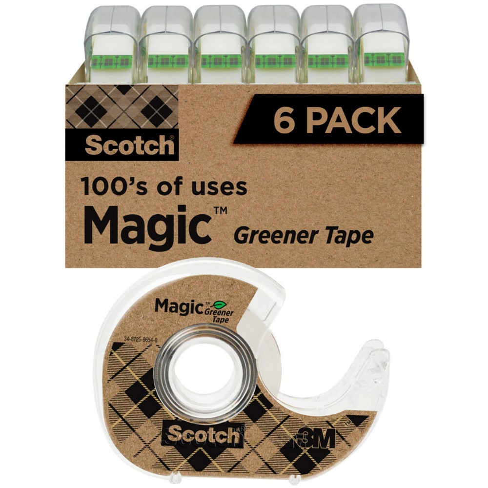 Scotch Greener Magic Tape with Dispenser, Invisible, 3/4 in x 600 in, 6 Tape Rolls, Clear, Home Office and School Supplies