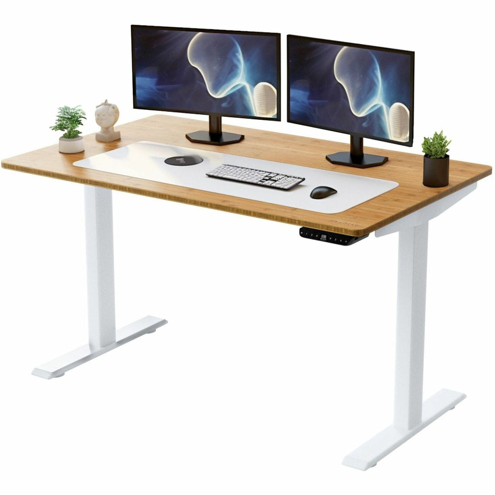 Rise Up Electric Standing Desk 60x30in Natural Bamboo Desktop Dual Motors Adjustable Height White Frame (26-51.6in) with memory