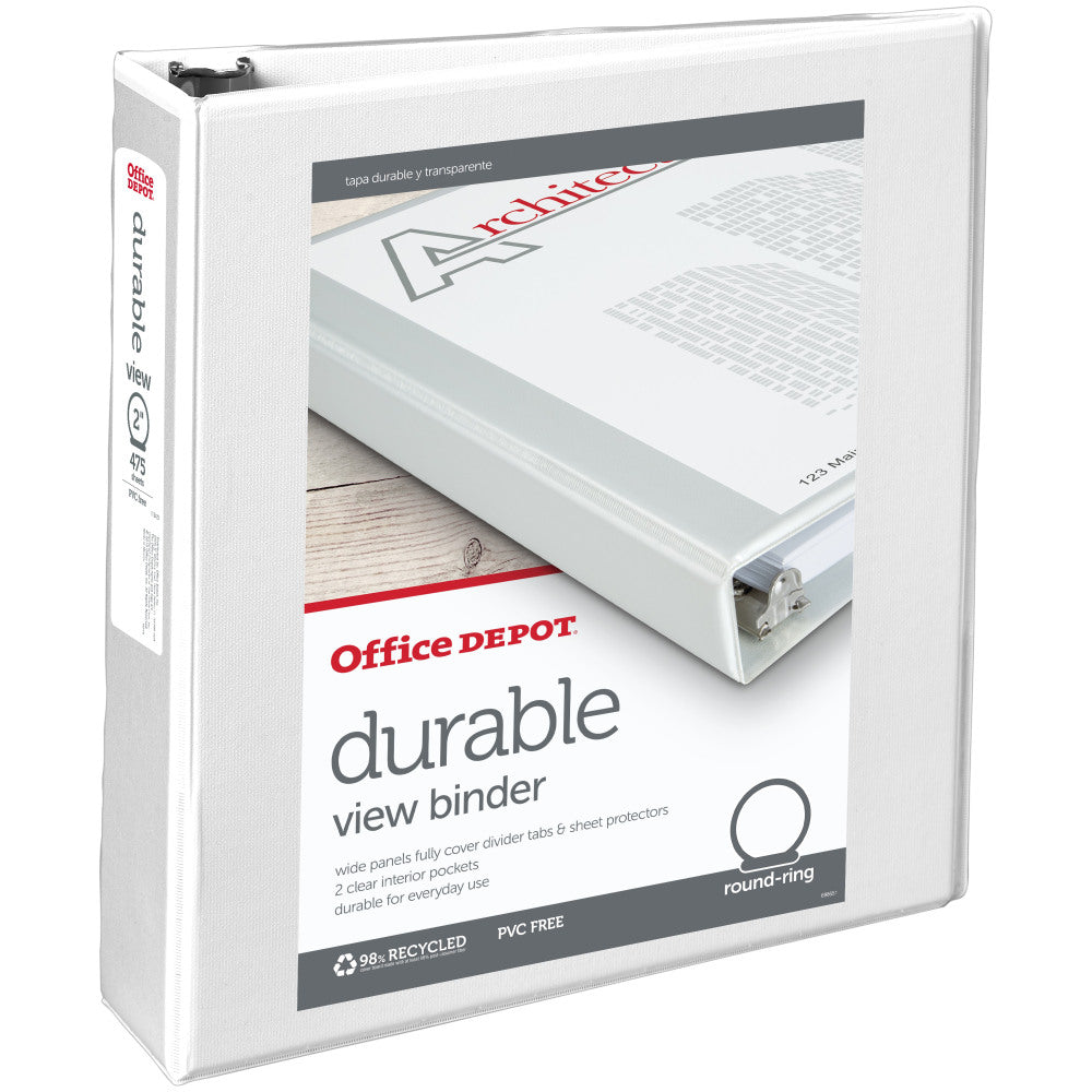 Office Depot Brand Durable View 3-Ring Binder, 2in Round Rings, White