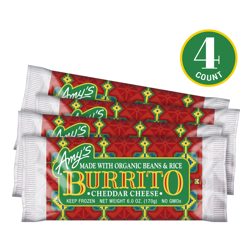 Amys Cheddar Cheese, Bean And Rice Burritos, 6 Oz, Pack Of 4 Burritos