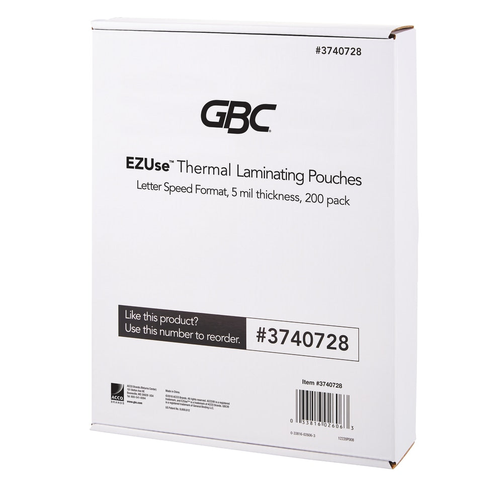 GBC EZUse Thermal Laminating Speed Pouches, 5 mils, 8 1/2in x 11in, Clear, Pack Of 200, 3740728