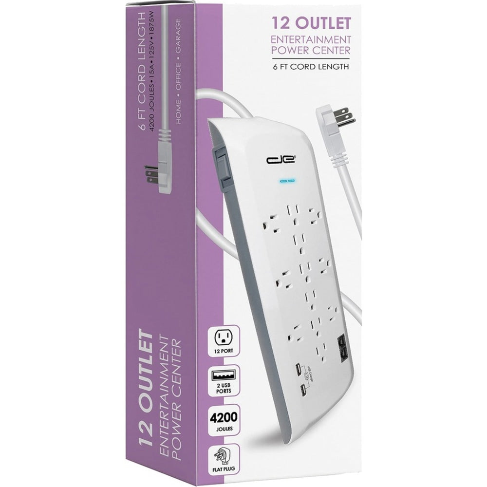 Digital Energy World 12-Outlet Surge Protector Power Strip with 2 USB Ports (White, 6-Foot Cord) - 12 x AC Power, 2 x USB - 1875 VA - 4200 J - 120 V AC Input - Coaxial, Ethernet, Phone/Modem - 6 ft