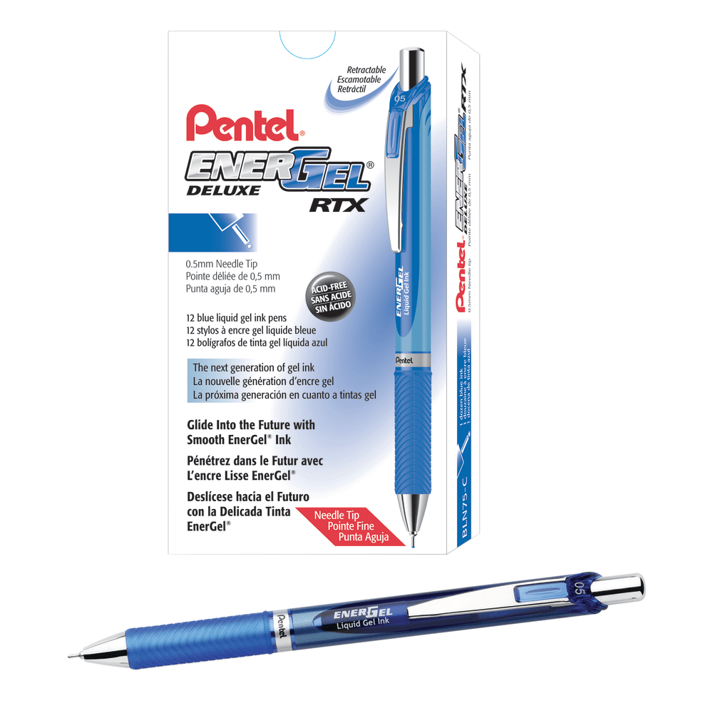 Pentel EnerGel RTX Retractable Liquid Gel Pens, Fine Point, 0.5 mm, 54% Recycled, Blue, Pack Of 12 Pens