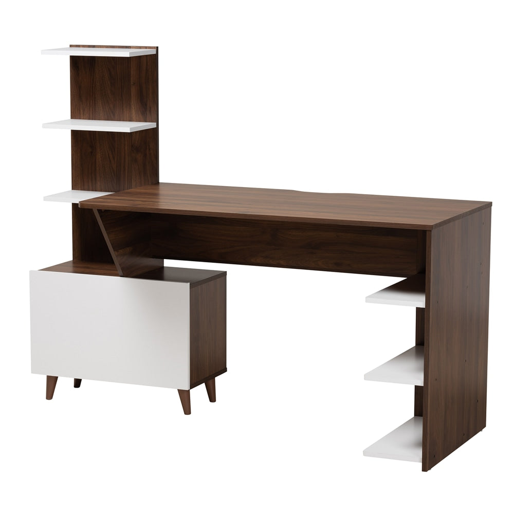 Baxton Studio Mid-Century Modern 61inW 2-Tone Computer Desk With Storage, White/Walnut Brown