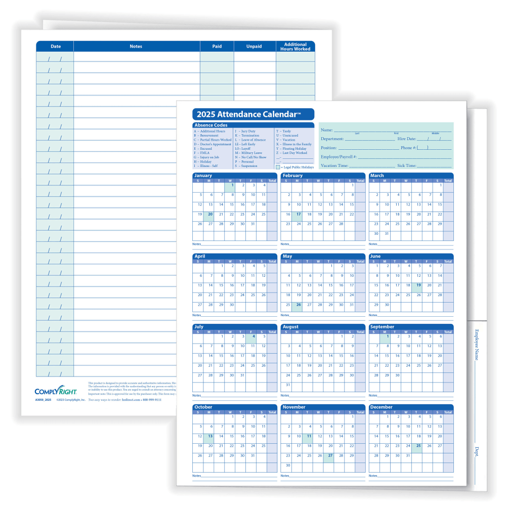 ComplyRight 2024 Attendance Calendar Folders, 9 3/8in x 11 3/4in, White, Pack Of 25