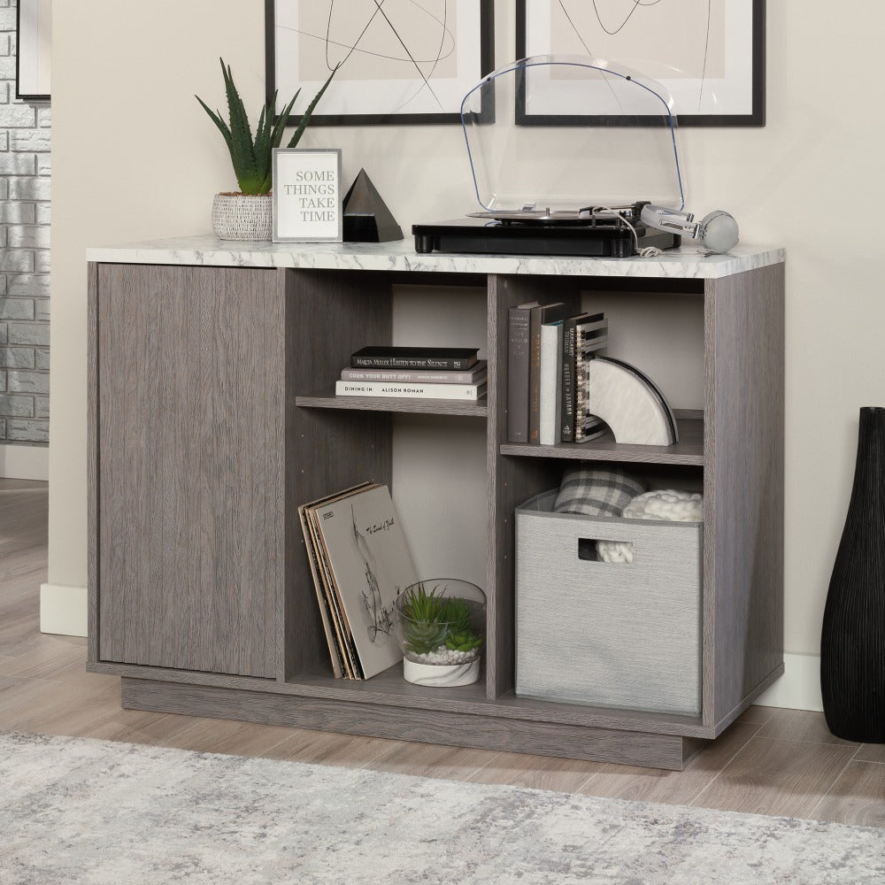 Sauder East Rock TV Console And Accent Storage Cabinet, 33-1/2inH x 47-1/8inW x 19-1/2inD, Ashen Oak/Faux White Marble