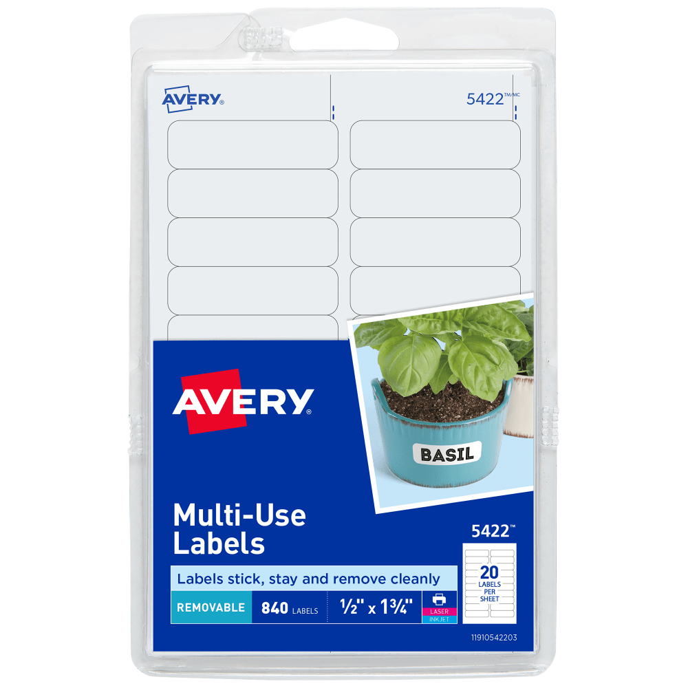 Avery Removable Labels, 5422, Rectangle, 1/2in x 1-3/4in, White, Pack Of 840 Labels