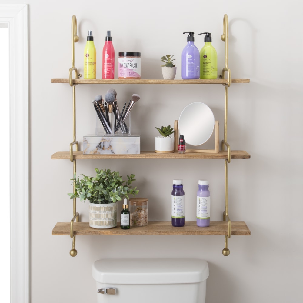 Powell Wheelan Wall Shelf, 39inH x 31inW x 8-1/2inD, Natural/Gold