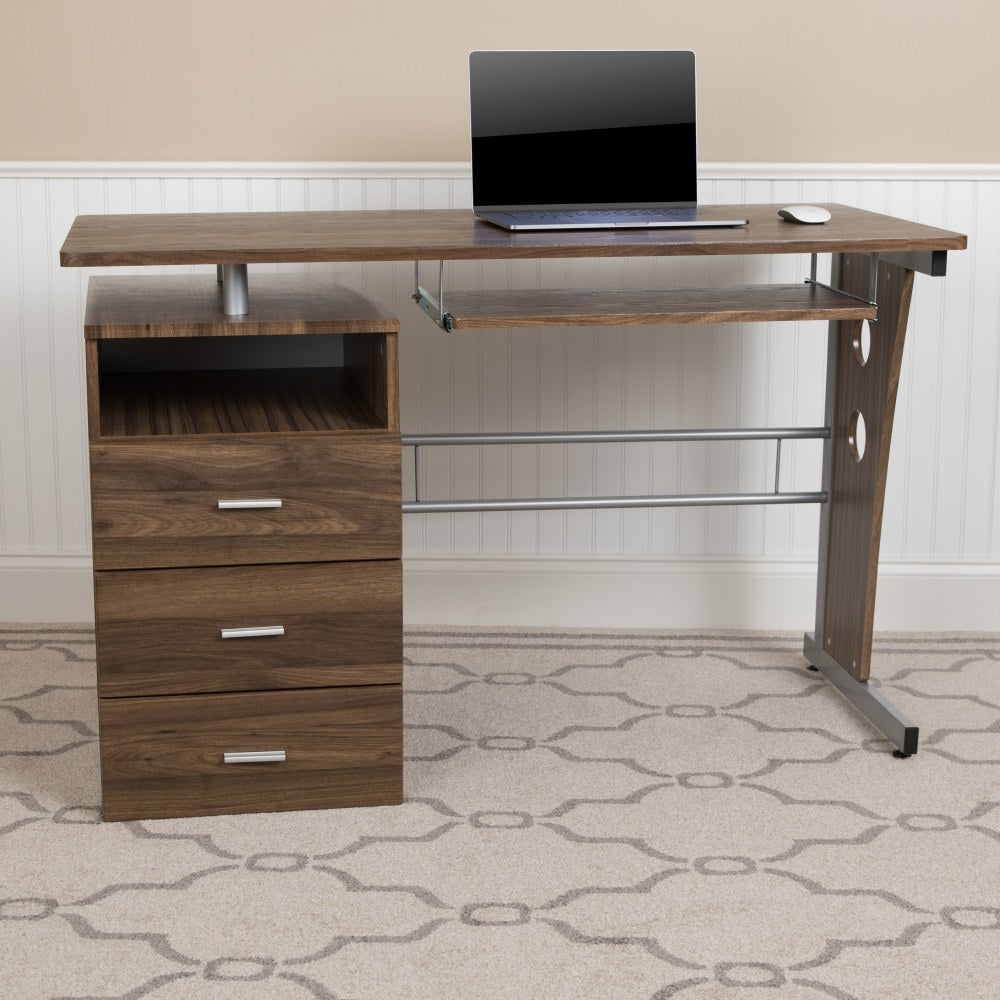 Flash Furniture 48inW Computer Desk With 3-Drawer Single Pedestal, Rustic Walnut