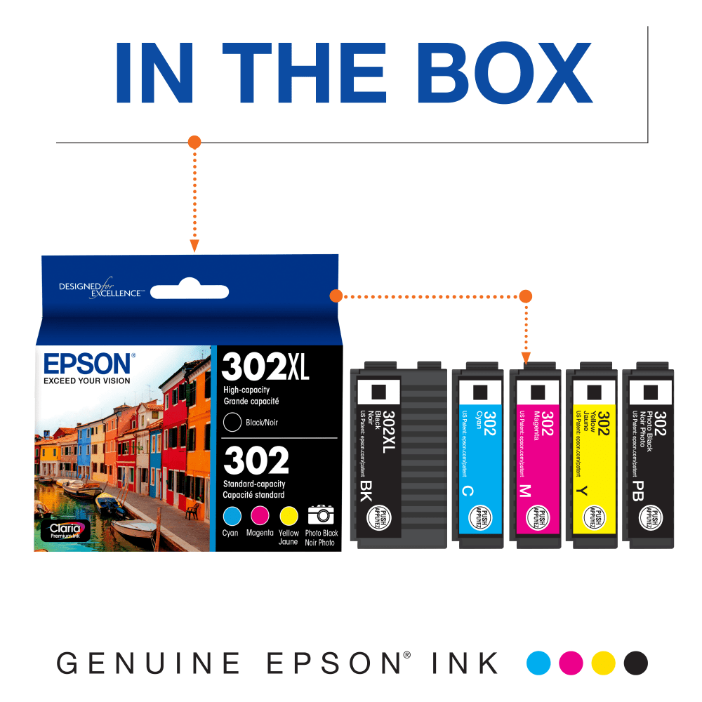 Epson 302XL Black/302 Claria Premium Tri-Color High-Yield Ink Cartridges, Pack Of 2, T302XL-BCS