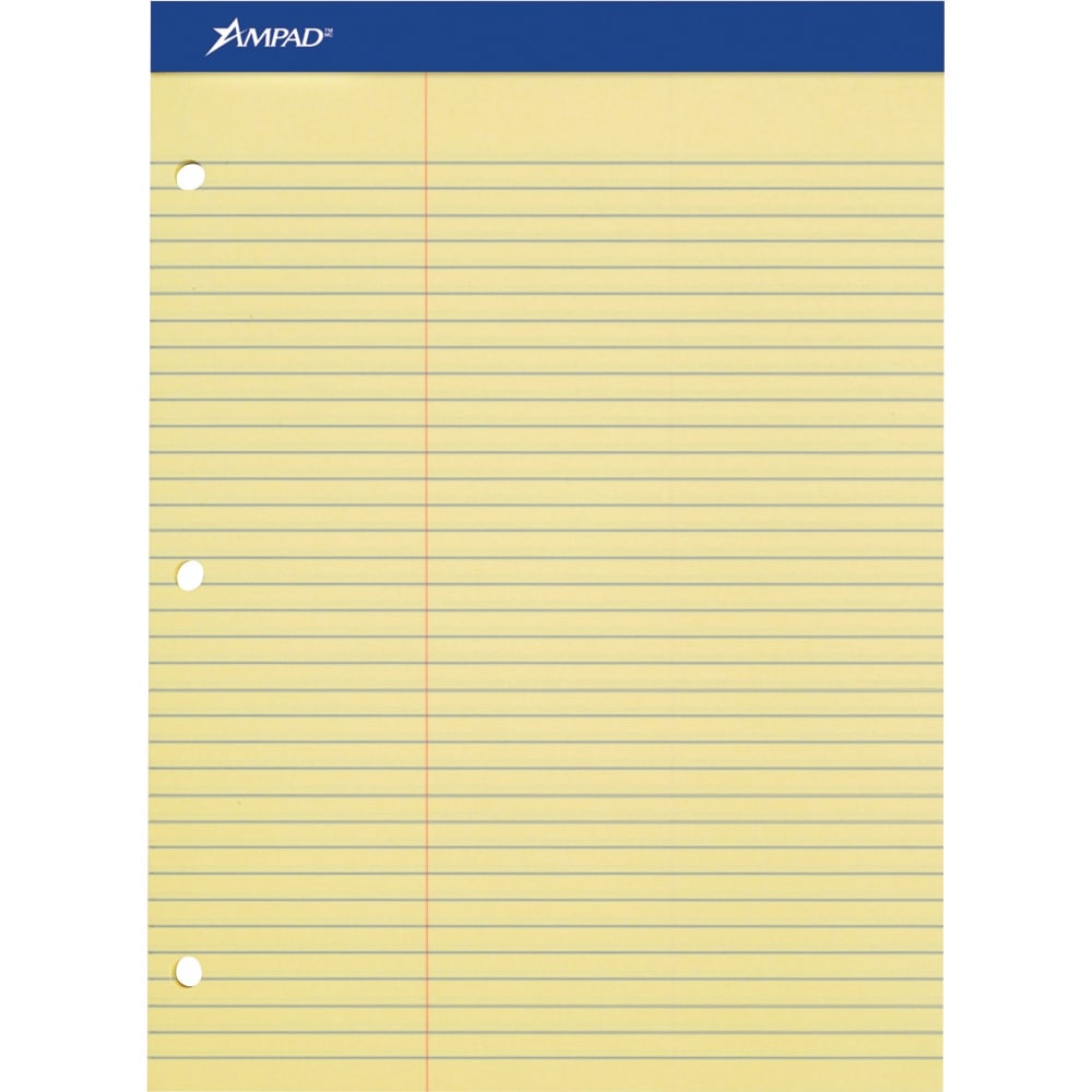 Ampad Perforated 3-Hole Punched Dual Writing Pad, Law Rule, 8 1/2in x 11 3/4in, Canary, 100 Sheets