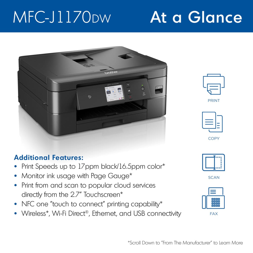 Brother MFC-J1170DW Wireless Inkjet All-In-One Color Printer With Refresh EZ Print Eligibility