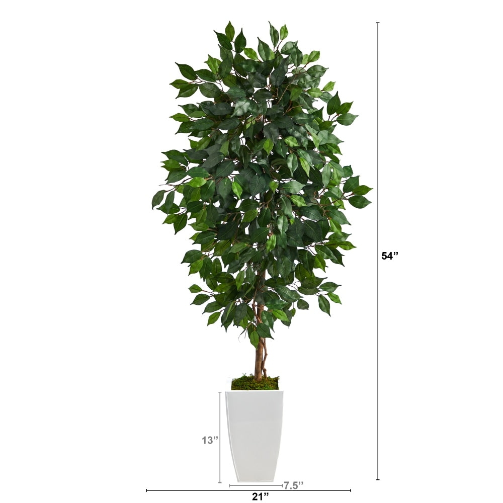 Nearly Natural Ficus 54inH Artificial Plant With Metal Planter, 54inH x 21inW x 19inD, Green/White