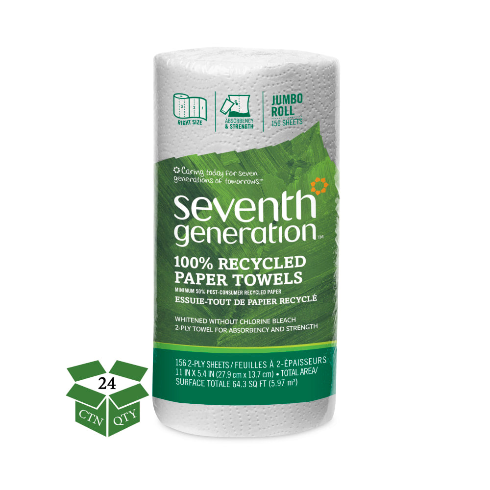 Seventh Generation Right-Size 2-Ply Paper Towels, 100% Recycled, 156 Sheets Per Roll, Pack Of 24 Rolls