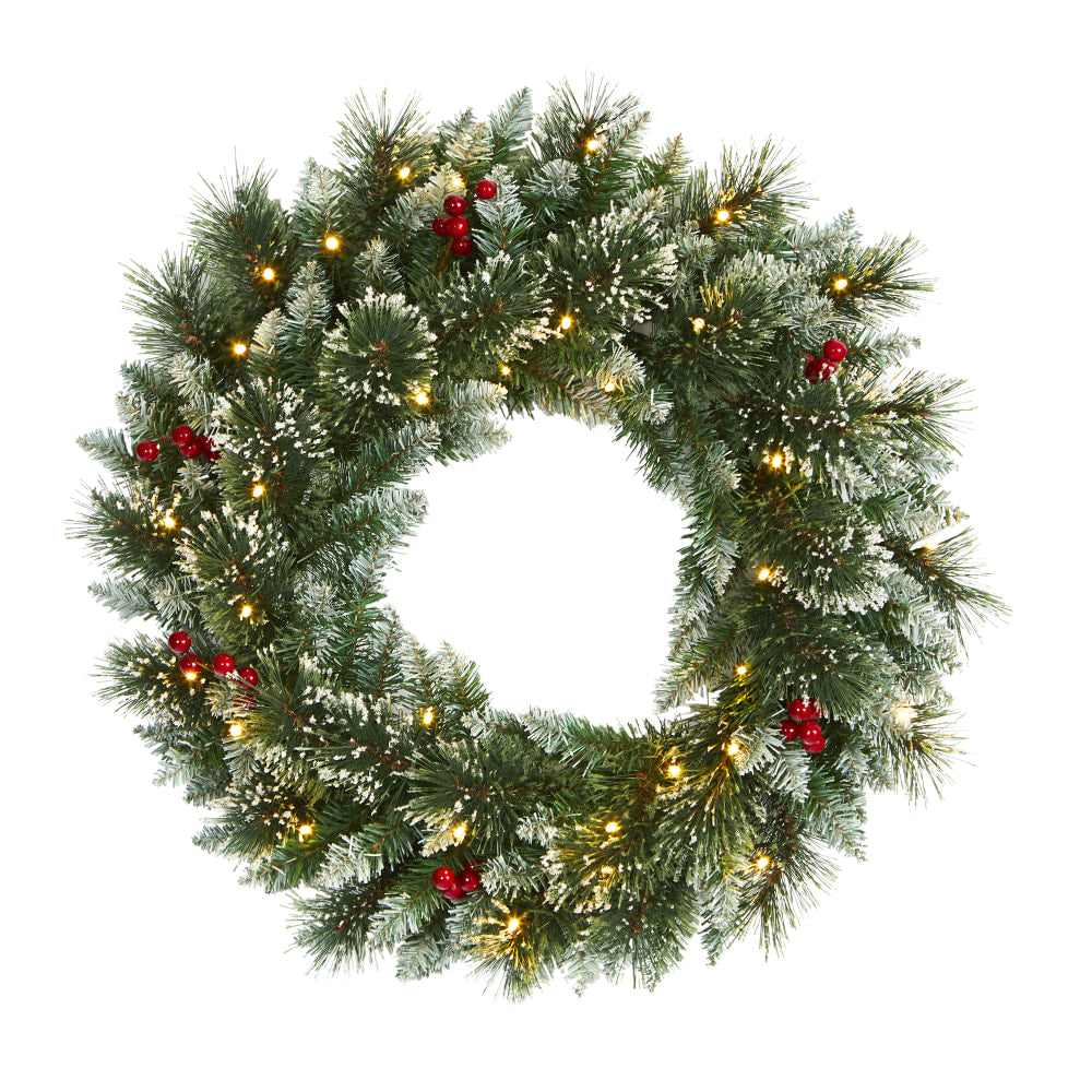 Nearly Natural 24inH Frosted Swiss Pine Artificial Wreath With 35 LED Lights And Berries, 24in x 5in, Green