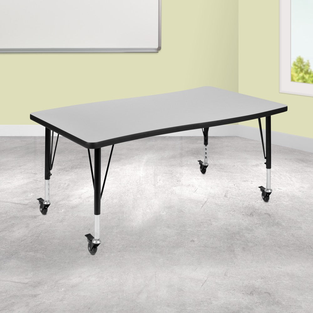 Flash Furniture Mobile Rectangle Wave Flexible Collaborative Thermal Laminate Activity Table With Height-Adjustable Short Legs, 25inH x 28inW x 47-1/2inD, Gray