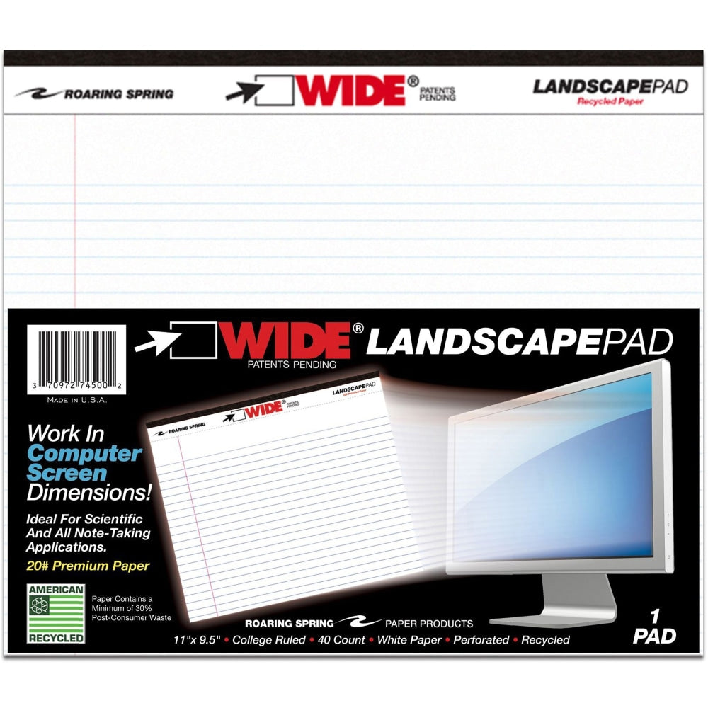 WIDE Landscape Format Writing Pad, Medium/College Rule, 11 x 9.5, White, 40 Sheets