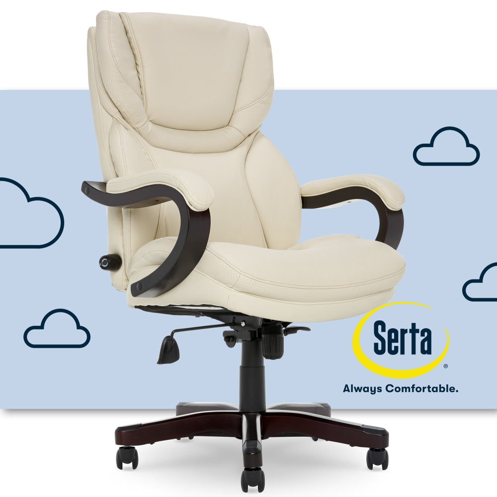 Serta Big & Tall Bonded Leather High-Back Office Chair With Wood Accents, Inspired Ivory/Espresso