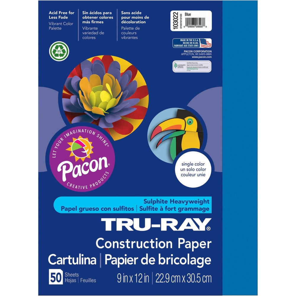 Tru-Ray Construction Paper, 50% Recycled, 9in x 12in, Blue, Pack Of 50