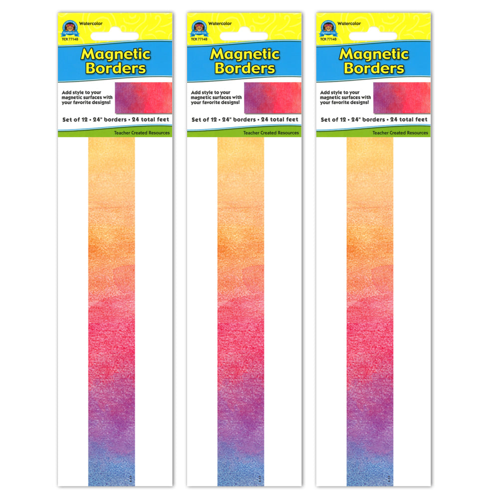 Teacher Created Resources Magnetic Borders, 24in x 1-1/2in, Watercolor, 12 Boarders Per Pack, Set Of 3 Packs