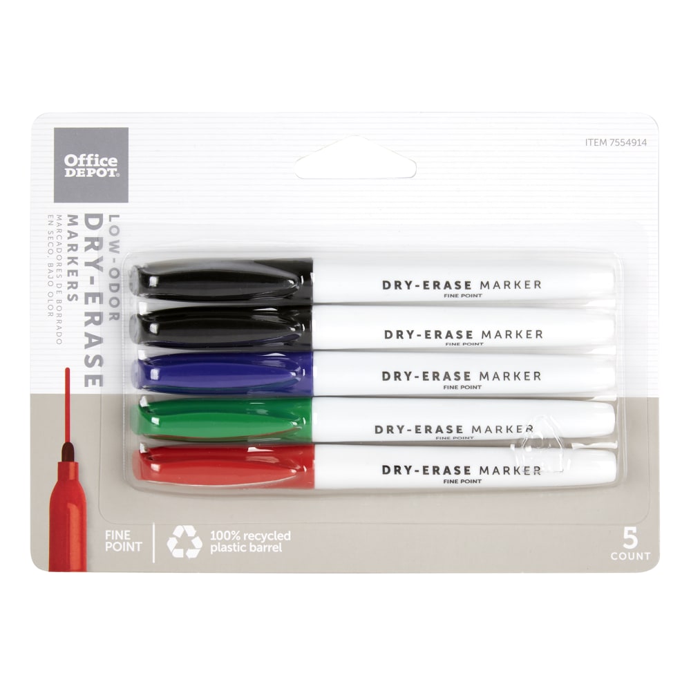 Office Depot Brand Low-Odor Pen-Style Dry-Erase Markers, Fine Point, 100% Recycled Plastic Barrel, Assorted Colors, Pack Of 5