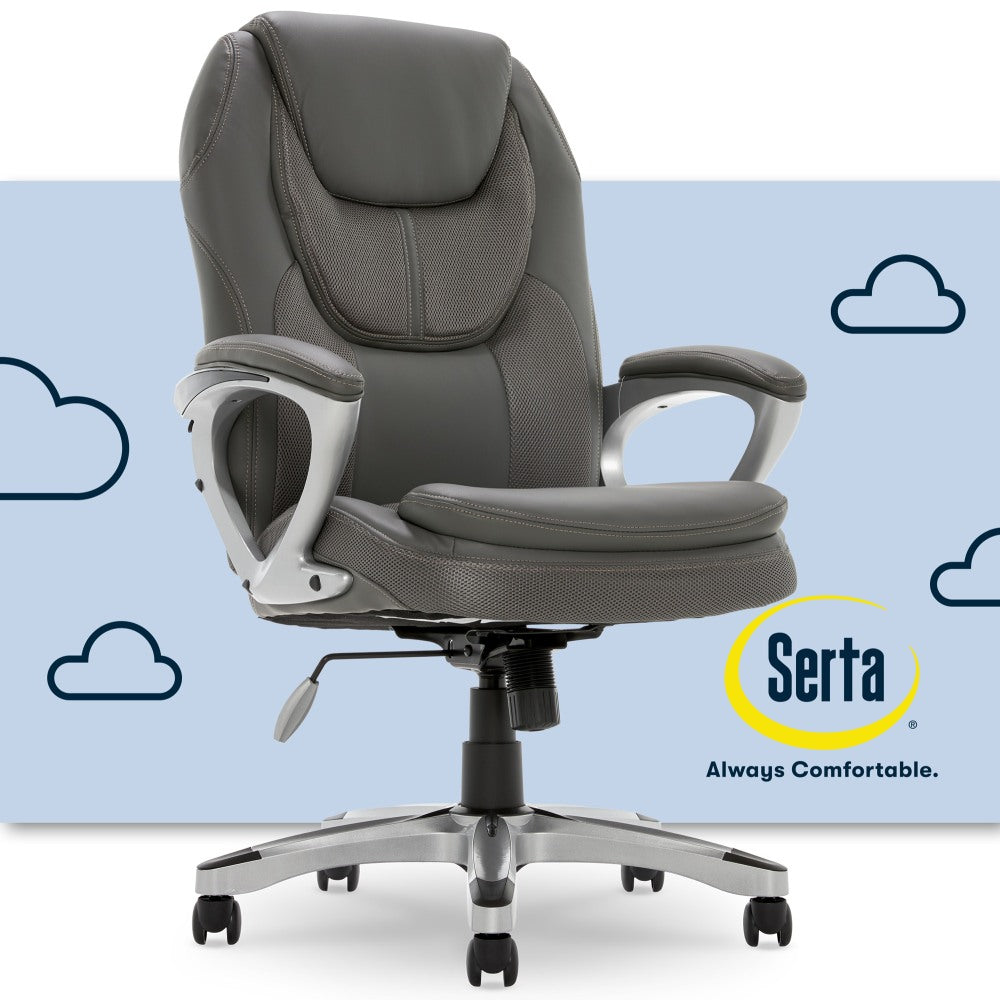 Serta Works Bonded Leather/Mesh High-Back Office Chair, Light Gray/Silver