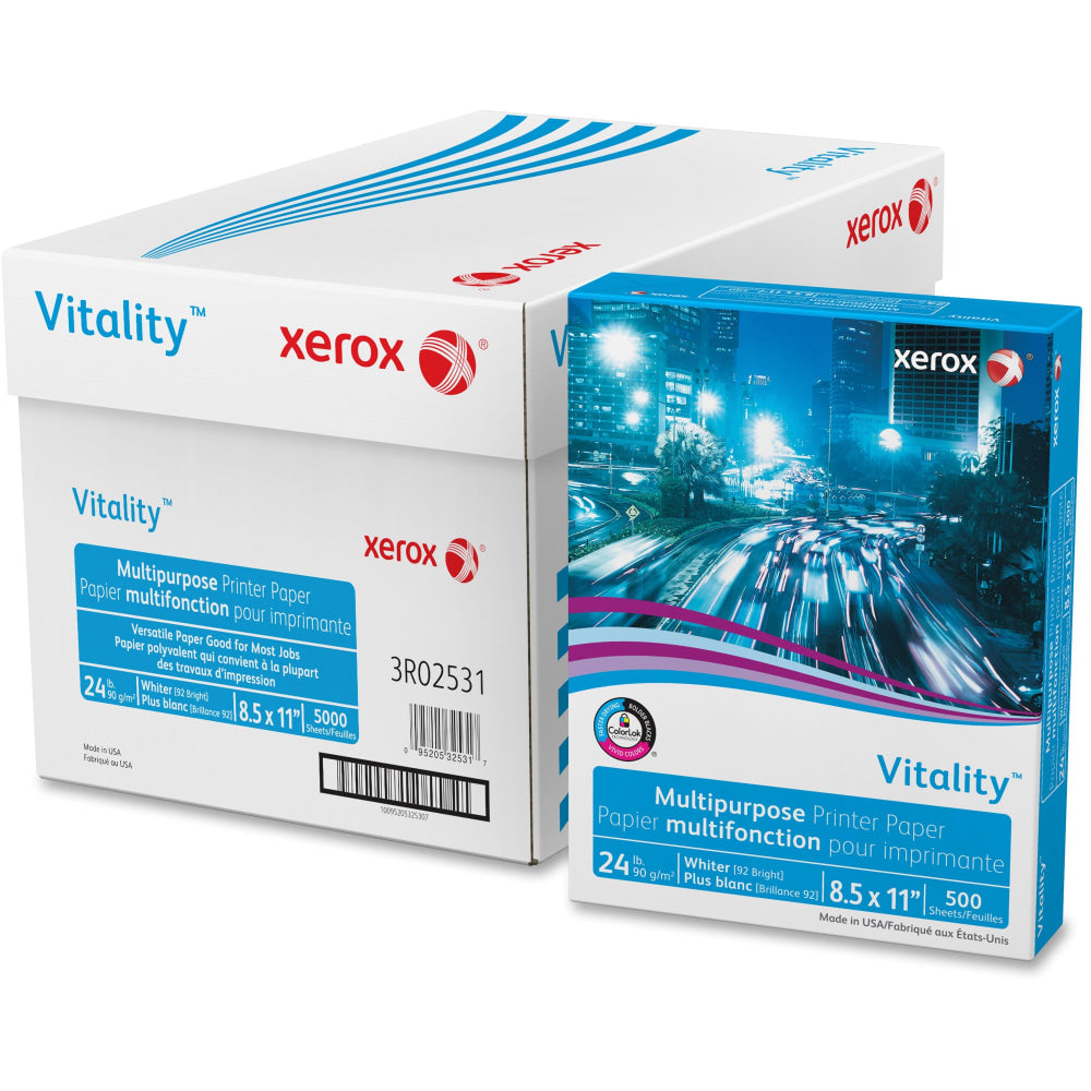 Xerox Vitality Multi-Use Printer & Copy Paper, White, Letter (8.5in x 11in), 5000 Sheets Per Case, 24 Lb, 92 Brightness,  FSC Certified, Case Of 10 Reams