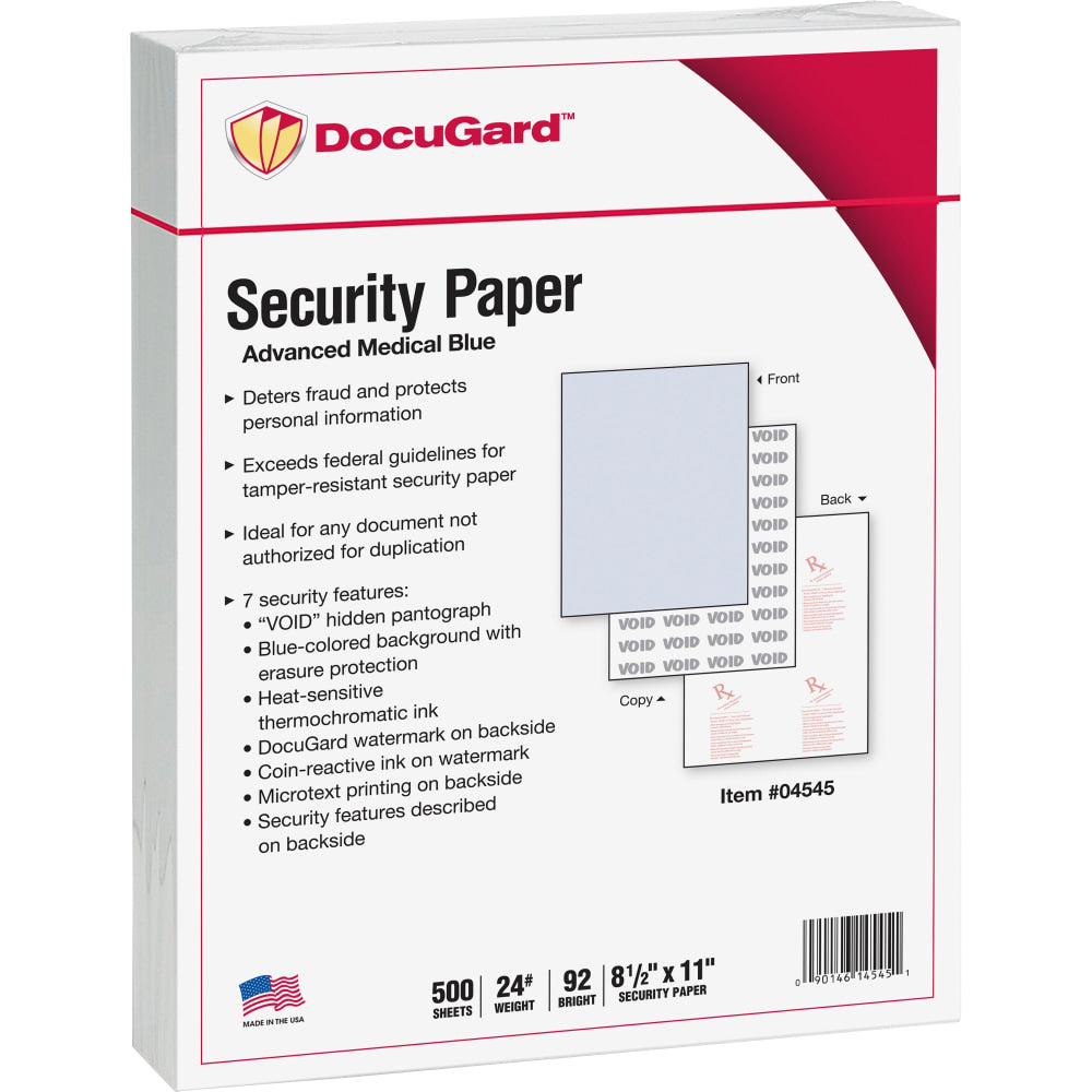 DocuGard Advanced Medical Security Paper - Letter - 8 1/2in x 11in - 24 lb Basis Weight - 500 / Ream - Tamper Resistant, Watermarked, CMS Approved - Blue